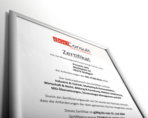 Proverb oHG DIN ISO 17100 Zertifikat